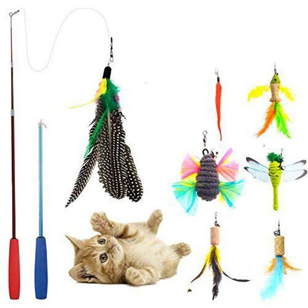 JTEEY Cat Toys Interactive,9 Packs Retractable Cat Toy Wand, Cat Feather Toy, Assorted Refills Teaser Exerciser Wand Toy Set,Fish Bird Butterfly Dragonfly Worm