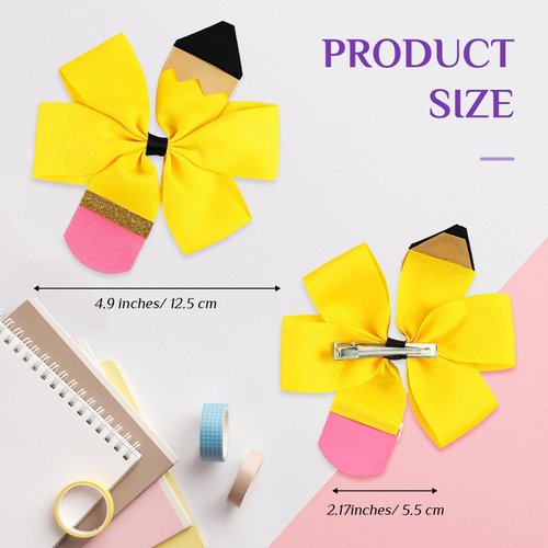 Tigeen 9 Pcs Pencil Girls Hair Bow 4.9 Inch Back to School Hair Bow Ponytail Holder Hair Clips School Bow Alligator Clip Grosgrain Ribbon for Babies Toddler Teen Gift Kindergarten, 9 Colors