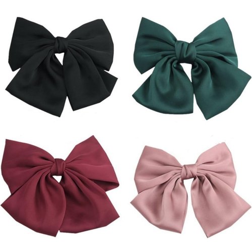 4 Pcs Bow Hair Barrettes Satin Solid Color 6.3 Inch Clips For Women Girls Hair Accessories （Black Pink Green Red）