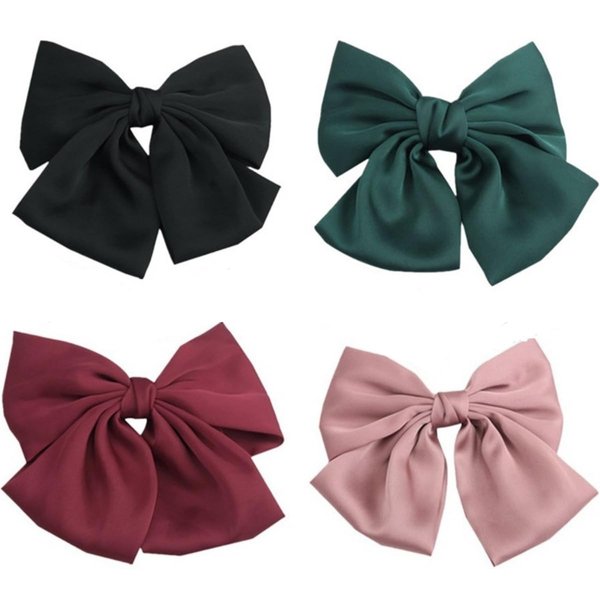 4 Pcs Bow Hair Barrettes Satin Solid Color 6.3 Inch Clips For Women Girls Hair Accessories （Black Pink Green Red）