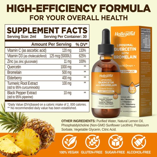 Liposomal Quercetin with Bromelain Liquid Drops, 8 in 1 Organic Quercetin 1000mg Supplements with Bromelain 500mg, Vitamin C, D3, Zinc, Elderberry, Turmeric for Immunity & Respiratory Health, 2 Fl Oz