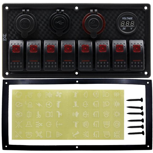 FXC 12V 24V Red LED ON/Off Marine Multi Function Switch Panel Waterproof 8 Gang Rocker Switch Panel for Boat Car Truck Rv Toggle Switches Panel with Circuit Breaker Dual USB Charger Voltmeter