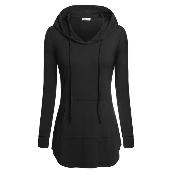 BEPEI Women Sweatshirts, Crew Neck Casual Tunic Length Pocket Office Tee Pullover Hoodies Trendy Fall Tops Long Sleeve Shirts Fashion 2023 Black L
