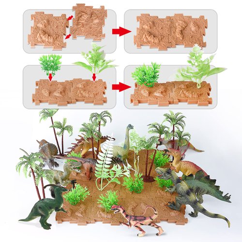 EnAuRoL Dinosaur Toys with Play Mat&Plants&Booklet for Kids Ages 3-12, Play Sets of 46 Includes 12 Different Dinosaurs 16 Building Blocks Toys Set for Boys Girls, Christmas Birthday Gift