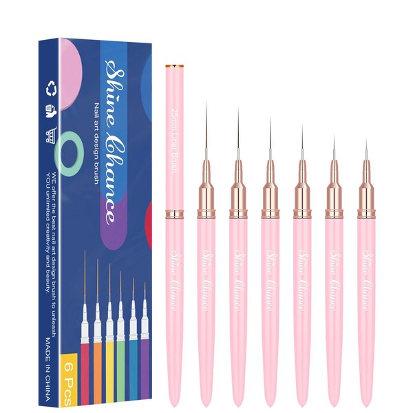 Shince Chance Nail Art Liner Brushes Set, 6Pcs Nail Art Design Brush Pen for Gel Polish Fine Drawing, Small Details Stripping Painting Nail Painting Pens, Acrylic Nail Art Design Tools, Pink