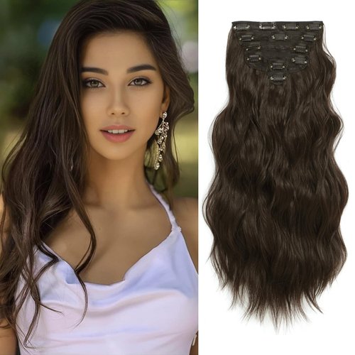 Clip in Hair Extensions for Women, 6PCS Long Wavy Curly Clip on Hair Extensions 20 Inch Medium Brown Synthetic Thick Hairpieces