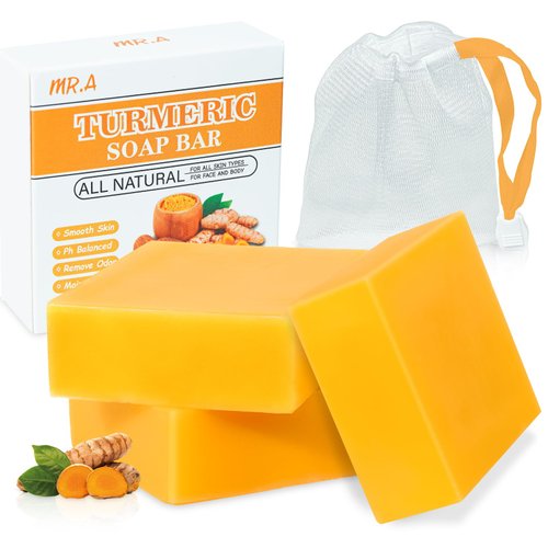 MR.A 3Packs Turmeric Soap Bar, Organic Tumeric Soap for Face and Body, Lemon Turmeric bar Soap with Vitamin C, E for All Skin Type, Turmeric Soap Face Wash for Smoothing, Moisturizing skin