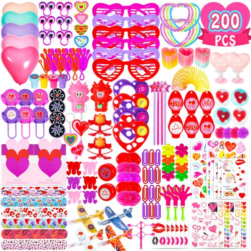 Thuodo 200pcs Valentines Party Favors Toys Assortment, Valentines Day Gifts for Kids as Valentine Classroom Prizes Rewards Bulk Goodie Bag Stuffers Birthday Party Supplies(Valentines)