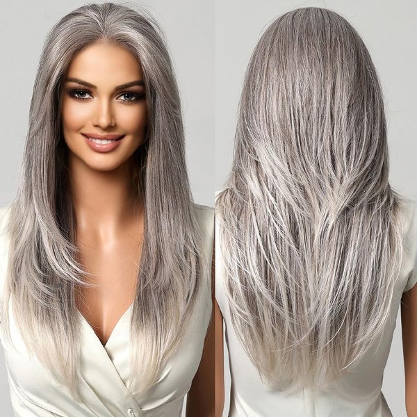 testar 13×6 HD Lace Front Wig Long Gray Wigs for Women 22 Inch Silver Ombre Wig Straight Natural Layered Hair Glueless Wig Synthetic Lace Front Wigs Middle Part Halloween/Party/Daily Use (Hand Tied)