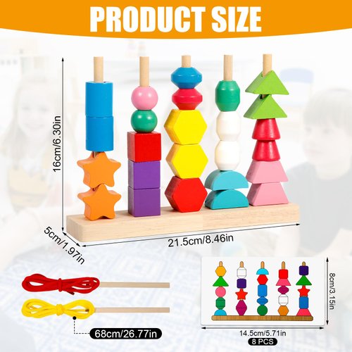 NQEUEPN Lacing Beads Toy Set, Colorful Wooden Montessori Bead Toy Sorting and Stacking Blocks Educational Threading Toys for Toddlers Preschool Learning