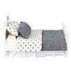 Dollhouse Furniture Mini Bed Set, Realistic Bedroom Accessories for 6 inch Dolls, Decorative Grey Bedspread & Pillows, White Wooden Frame, 1/12 Scale