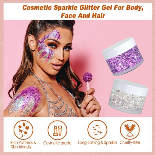 Boko 50ML Body Glitter Gel, Red White Blue Chunky Glitter Gel for Face Hair Body Makeup, Cosmetic Patriotic Glitter for Flag Party 4 of July Independence Day Olympic Rave Accessories - Patrio Sky