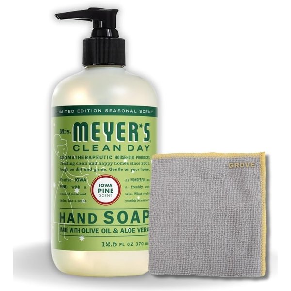 Clean Day Organic Iowa Pine Scent Liquid Hand Soap 12.5 oz Bundle with Microfiber Cloth - Gentle Hand Soap with Essential Oils & Aloe Vera - (2 Items)