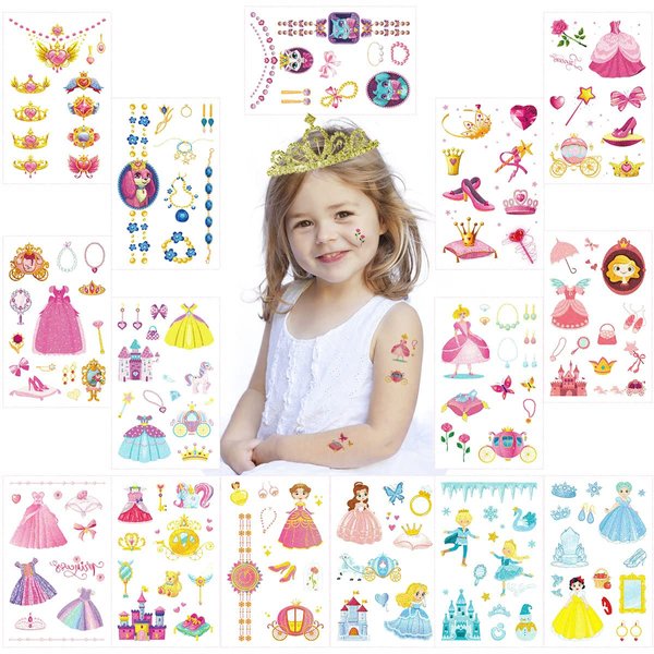 VIWIEU Glitter Princess Temporary Tattoos for Kids Bulk 15 Sheets, Girls Shinning Birthday Party Favor Gift, Children Body Decorations Piñata Fillers - Crown, Princess, Butterfly, Dress Tattoos