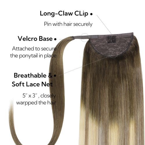 HOTBANANA Ponytail Extension, 14 Inch Ponytail Extension Human Hair Clip in Wrap Around Ponytail Hair Piece Walnut Brown to Ash Brown and Bleach Blonde Long Straight Remy Human Hair Extension 75g