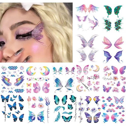 14 Sheets Glitter Butterfly Temporary Tattoos Sticker for Eye Face Makeup Decoration, Body art tattoo stickers Shiny Butterflies Waterproof Fake Tattoos for Women Girls Festival Party Eye Decor