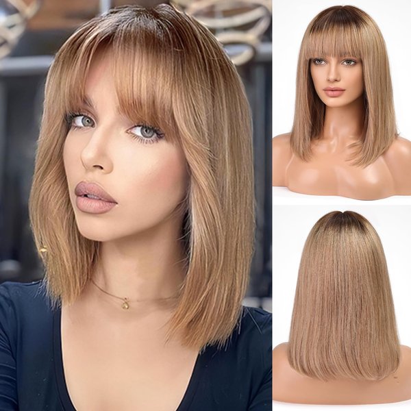 BLONDE UNICORN Ombre Ash Blonde Human Hair Wigs for White Women Straight Wig with Bangs Shoulder Length Human Hair Wigs None Lace Front Wigs 14 Inch