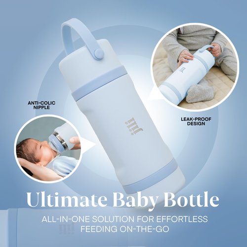 Jili All-in-One Baby Bottle, Insulated Stainless Steel Bottle with Formula Container, Anti-Colic Nipple, and Leak-Proof Lid, Baby Essentials for Travel, BPA, Parabens, and Phthalate-Free, Ice, 11 oz.
