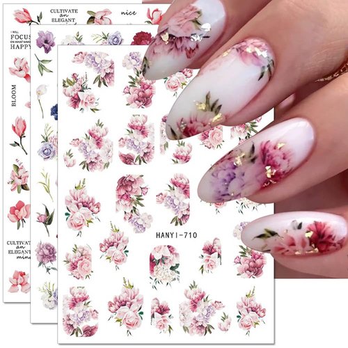 Dornail 8Sheets 3D Flower Nail Stickers,Spring Flowers Nail Art Stickers Summer Colorful Floral Nail Decals Blooming Florals Leaf Nail Sticker for Women DIY Nail Designs Nail Decorations Nail Supplies