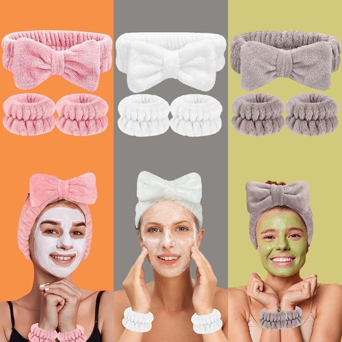 GRITOSE 12 PCS Headband & Wristband Set，Bow Makeup Headband for Washing Face,Soft Makeup Skin Care Hair Accessories for Girls, Bubble Make Up Sleepover Party Supplies (White Pink Blue Purple)