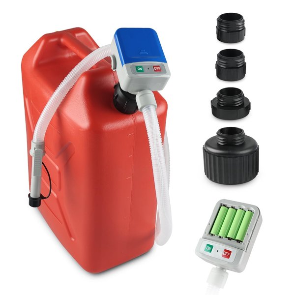 SKYJDM Fuel Transfer Pump with Auto-stop Sensor, 2.4GPM 51" Hose Transfer Pump Battery Powered with 4 Tank Adapter, Portable Liquid Pump with Nozzle for Gasoline, Diesel Oil (Blue)