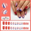 4th of July Blue French Tip Press on Nails Short Square Fake Nails Red Blue White Swirl Design False Nails Patriotic American Flag Acrylic Full Cover Glue on Nails for Women Girls Nail Decor 24Pcs