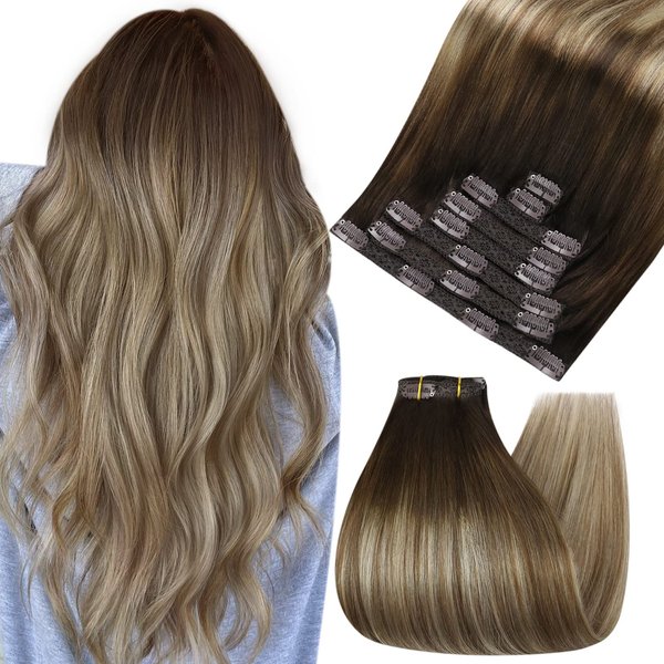 Ugeat Hair Extensions Clip ins Ombre Double Weft Clip in Hair Extensions Real Human Hair Balayage Dark Brown to Medium Brown with Blonde Human Hair Clip in Extensions 120g 18Inch