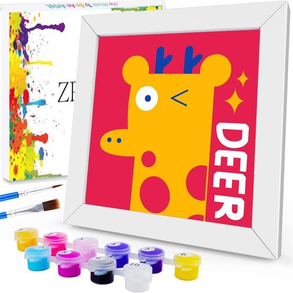 ZRIZQ Paint by Numbers for Adults Beginner Kids Ages 6-8-12 with Wooden Frame,Easy Paint by Numbers for Gift Home Decoration 8x8 Inch(Deer)