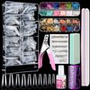 FANDAMEI Acrylic False Nail Tips kit, 600 PCS Full Cover Clear Fake Nail Tips with Nail Glue, Nail Butterfly Glitter, Nail Foil Chip, AB Nail Rhinestones,Nail Clipper,Nail File, Nail Brush,Nail Buffer