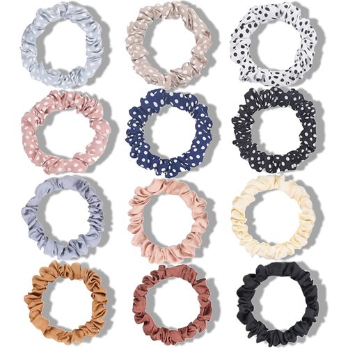 BEGOOD 12Pcs Small Hair Scrunchies,Skinny Elastic Hair Bands Silk Hair Ties Satin Scrunchies for Hair Ponytail Holder Hair Accessories for Women Girls Teens