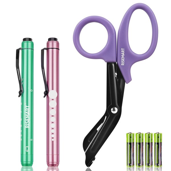 Trauma Shears & Pen light for nurses - 7.5" Fluoride Coated Medical scissors and LED Penlight for Nurse, Doctor, First Aid, EMT, EMS, Nursing (Purple Bandage Scissor + Pink & Green Pen lights)