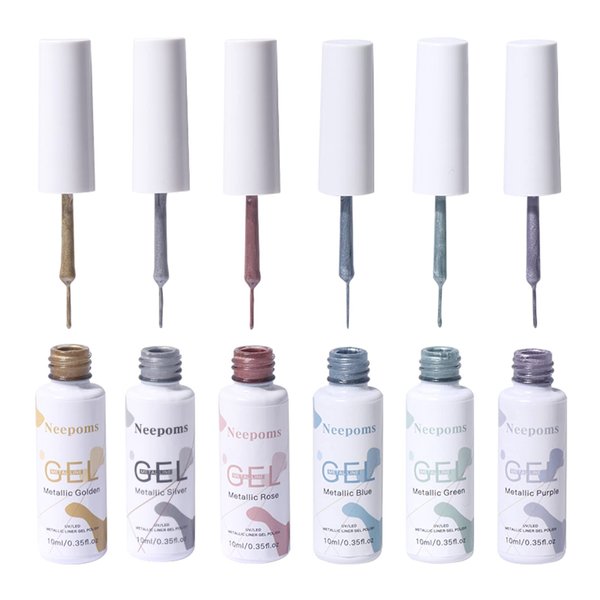 Neepoms 6pcs Metal Liner Gel Nail Polish Metallic Line Gel Polish DIY Drawing Painted Nail Gel Kit 10ML