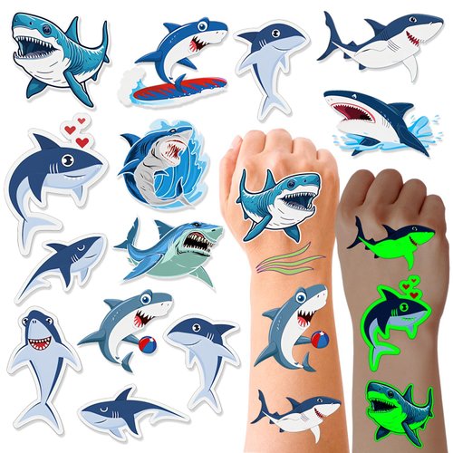 40 Sheets (280 PCS) Luminous Sharks Temporary Tattoos for Kids, Sea Animal Tattoos Stickers Shark Ocean Birthday Party Favors Supplies, Gifts for Shark Goodie Bag Stuffers