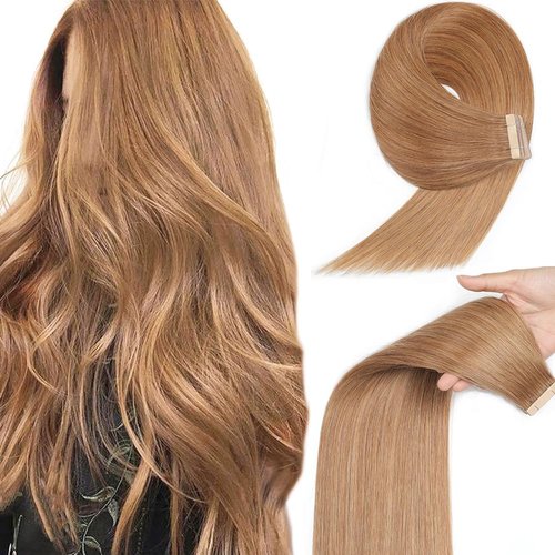 Tape in Hair Extensions Human Hair Light Brown 22 Inch 20Pcs Remy Human Hair Extensions Tape in Straight Tape Hair Extensions Seamless Skin Tape in Hair Extensions(30#, 22 Inch)