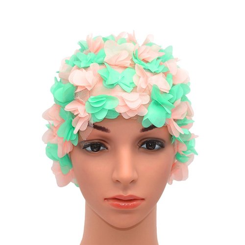 Medifier Lace Vintage Swim Cap Floral Petal Retro Style Bathing Caps for Women Rose Pink and Green