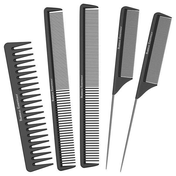Salon Styling Combs | 5 Piece | Professional Black Carbon Fiber Hair Combs | Detangling Comb | Rat Tail Comb | Teasing Comb | Salon Grade Combo Comb Set for Men and Women by Bardeau Essentials