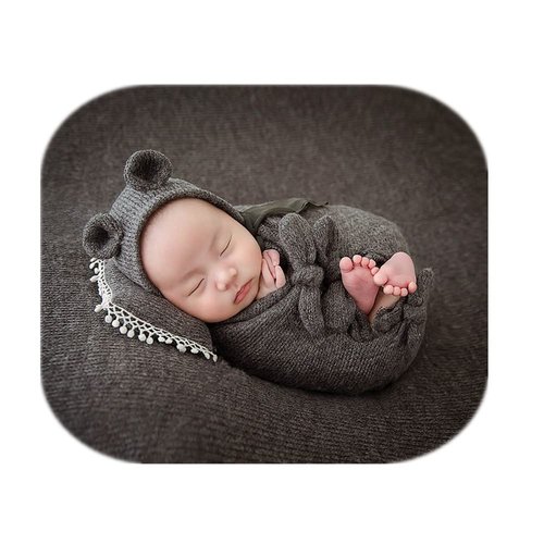 Vemonllas Newborn Infant Baby Boys Girls Photography Props Bow Wrap, Posing Aid, Hat and Blanket Set 4 Pcs (Gray)