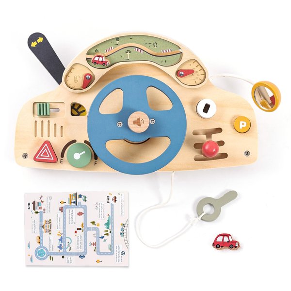 Wooden Montessori Busy Board for 1 2 3 4 Year Old, Steering Wheel Toy, Sensory Board Activity Board for Fine Motor Skills, Travel Busy Board Educational Sensory Toys for Baby, Toddlers