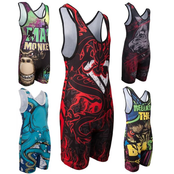 KO Sports Gear - Unisex Wrestling Singlet (Red Dragon, Adult X-Small)