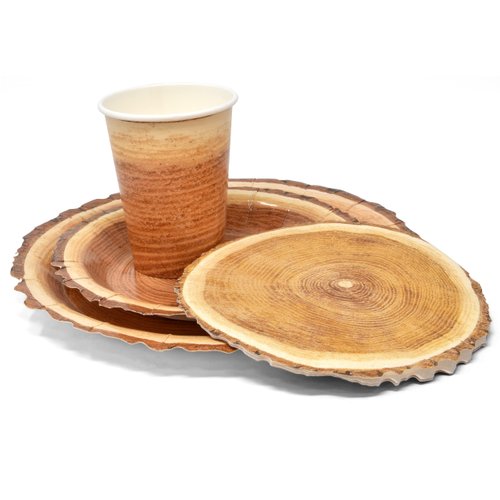 Gift Boutique Rustic Wood Slice Paper Party Supplies Tableware Set 24 9" Plates 24 7" Plate 24 9 Oz Cups 24 Lunch Napkins for Lumberjack Woodland Timber Wood Slice Camping Hunting Baby Shower Decor