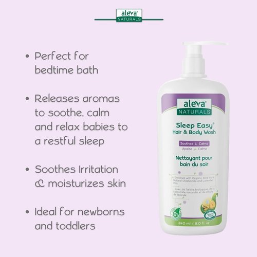 Aleva Naturals Hypoallergenic Sleep Easy Baby Hair and Body Wash for Kids and Toddlers, Plant-Based Organic Aloe Vera Formula with Lavender Scent, Gentle on Eyes and Sensitive Skin - 8 Fl Oz