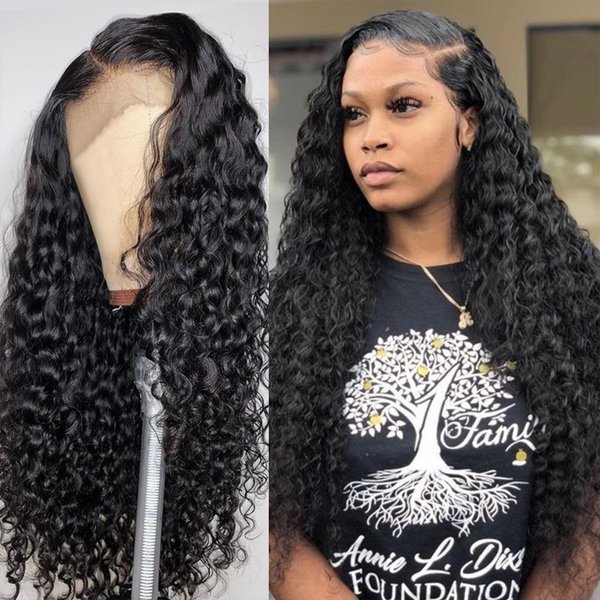 Generic Lace Front Wigs Human Hair Pre-Plucked Deep Wave Synthetic Artificial Wigs Long Middle Part Curly Glueless Wigs for Black Women Girls Transparent Lace Front Closure Glueless Wigs 30 Inch