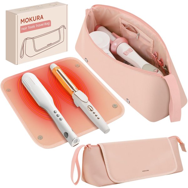 MOKURA Hot Hair Tools Travel Bag with Heat Resistant Mat Removable Hair Styling Accessories Organizer Case Women Essentials Storage Pouch for Curling Iron Straightener Flat Iron Hair Dryer Gift Pink