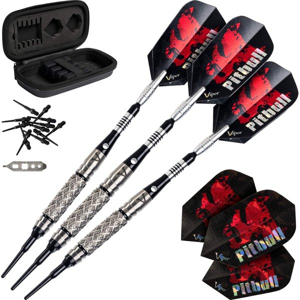 Viper by GLD Products unisex adult (18 Grams) Viper Pitbull 90 Tungsten Soft Tip Darts with Storage Travel Case Medium Knurling 18 Grams, Black, Wide Crosscut US