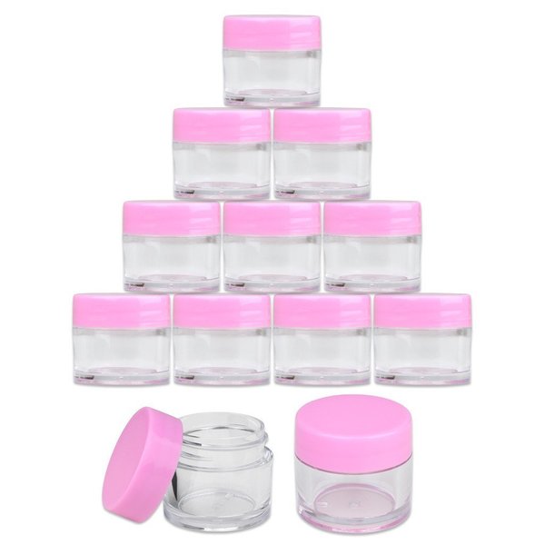 Beauticom High-Graded Quality 7 Grams/7 ML (Quantity: 12 Packs) Thick Wall Clear Plastic LEAK-PROOF Jars Container with PINK Lids for Cosmetic, Lip Balm, Lip Gloss, Creams, Lotions, Liquids