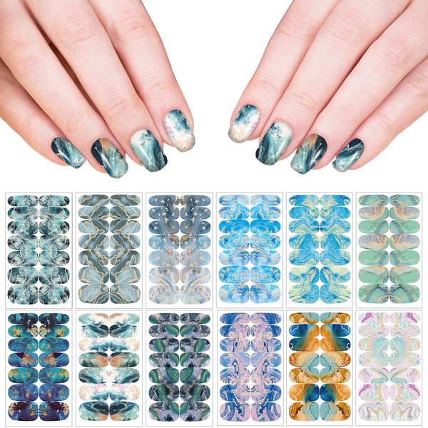 12 Sheets Marble Full Nail Wraps Bronzing Stickers, Nail Polish Strips DIY Self-Adhesive Nail Art Decals with 2 Piece Nail Files for Daily Party Decorations (168 Pieces)