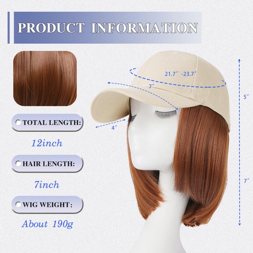 FORCUTEU Baseball Cap with Hair Extensions for Women Short Straight Bob Hairstyle 12 Inch Caps with Hair Attached Adjustable Baseball Cap Wig for Daily Party