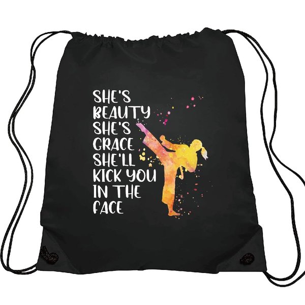 Haizct She's Beauty She's Grace She'll Kick You Taekwondo Drawstring Backpacks, Unisex Drawstring Karate Bags for Gym Shopping Sport, Taekwondo Gifts for Women Taekwondo Lover, Taekwondo Bags