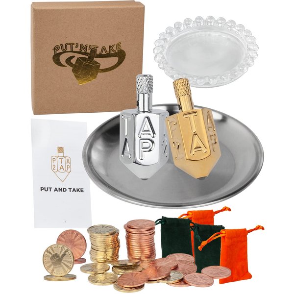 Extguds Put and Take Spinner Dice Game, Dice Game of Chance, Gambling top, Plated Brass Set. 2 Spinner dice + 1 Glass concave Mirror Base + 1 Mental Tray + 50 Game Currencies