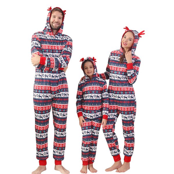 ANGELGGH Family Matching Christmas Onesie, Cute Vacation Reindeer Print One Piece Pajamas, Hooded Holiday Sleepwear Nightwear (Women, M, Striped Reindeer)
